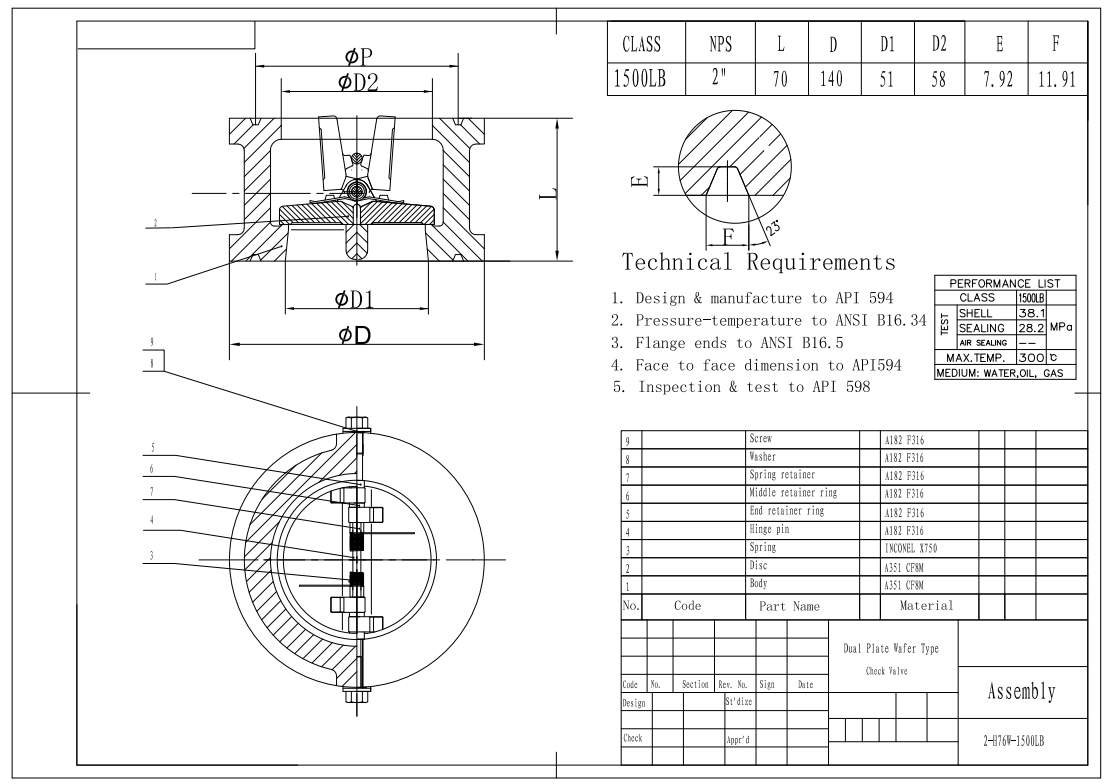 RTJ, 2" 1500LB Dual Plate Wafer Type Check Valve, CF8M, API594