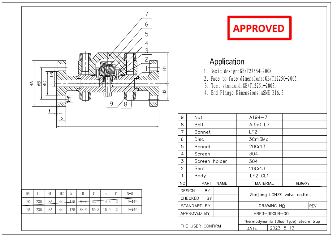 Body LF2 CL1, 1'' 300LB Steam Trap Valve, Thermodynamic Type, RF Connection, GB/T22654