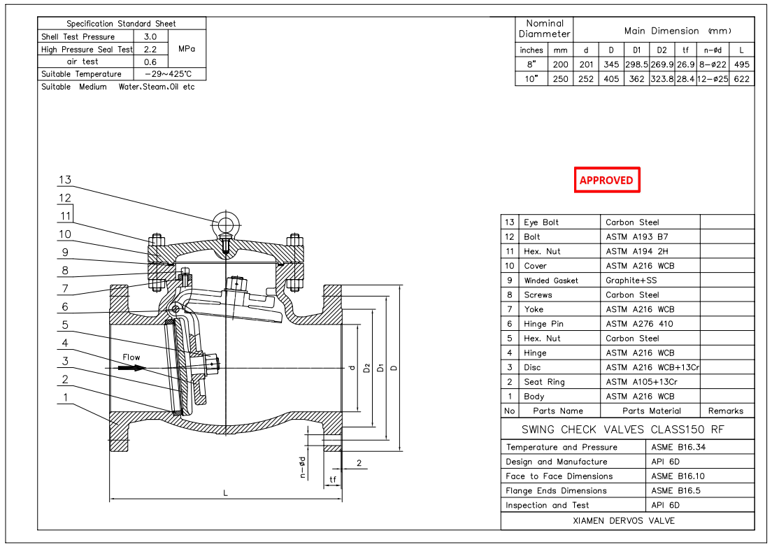 10" 150LB Swing Check Valve, RF Connection, Body WCB, API 6D
