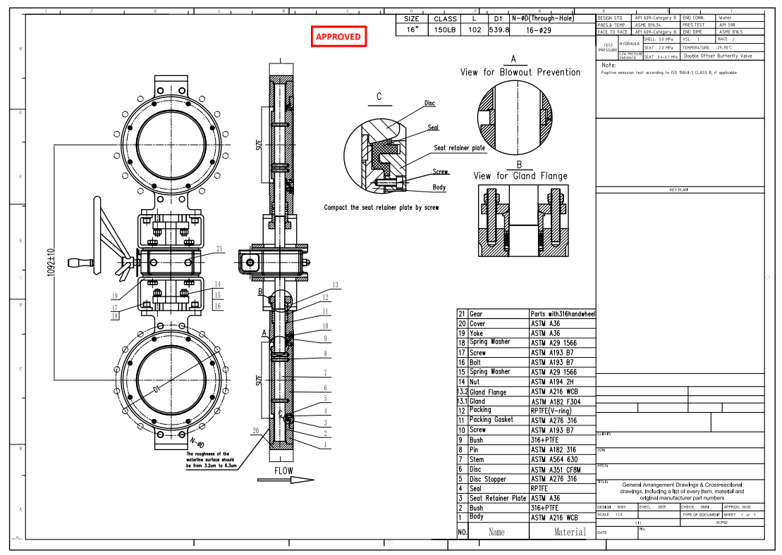 16" 150LB Double Eccentric Butterfly Valve Twins, Body WCB, Wafer, API609, Turbine