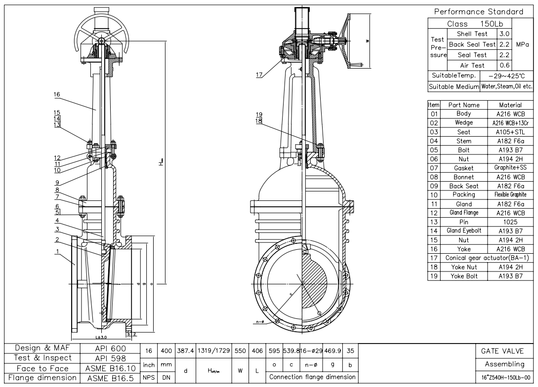 16" 150LB Cast Steel Gate Valve, RF, Body WCB, API600