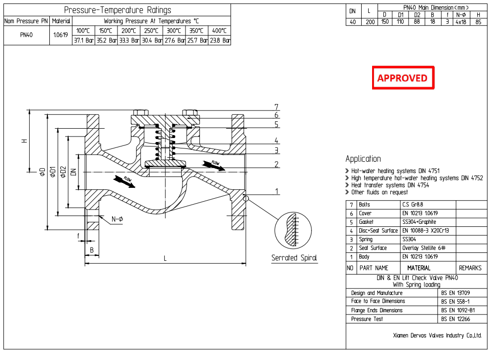 Body 1.0619, DN40 PN40 Lift Check Valve, EN1092-1 B1, BS EN 13709